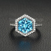 Hexagon Blue Topaz Diamond Engagement Ring 14K White Gold - Lord of Gem Rings