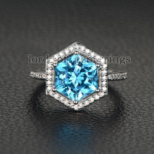 Hexagon Blue Topaz Diamond Engagement Ring 14K White Gold - Lord of Gem Rings