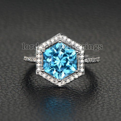 Hexagon Blue Topaz Diamond Engagement Ring 14K White Gold