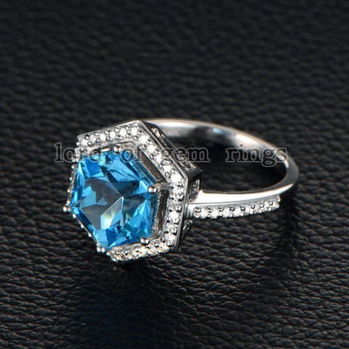 Hexagon Blue Topaz Diamond Engagement Ring 14K White Gold - Lord of Gem Rings