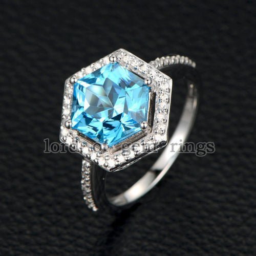 Hexagon Blue Topaz Diamond Engagement Ring 14K White Gold - Lord of Gem Rings