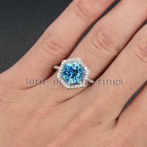 Hexagon Blue Topaz Diamond Engagement Ring 14K White Gold - Lord of Gem Rings
