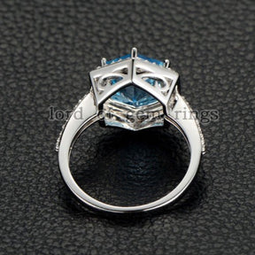 Hexagon Blue Topaz Diamond Engagement Ring 14K White Gold - Lord of Gem Rings