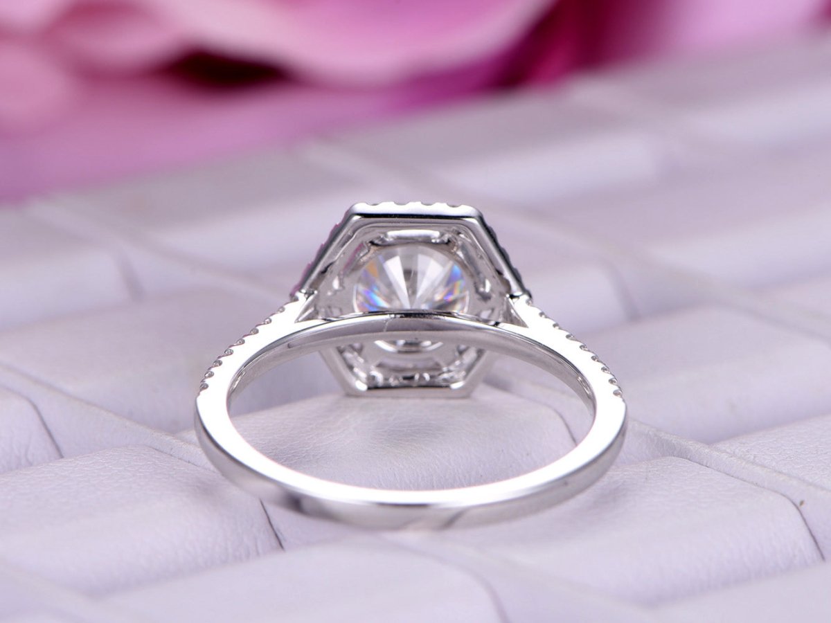 Hexagon Diamond Halo Round Moissanite Ring - Lord of Gem Rings