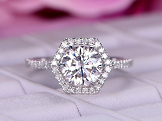 Hexagon Diamond Halo Round Moissanite Ring