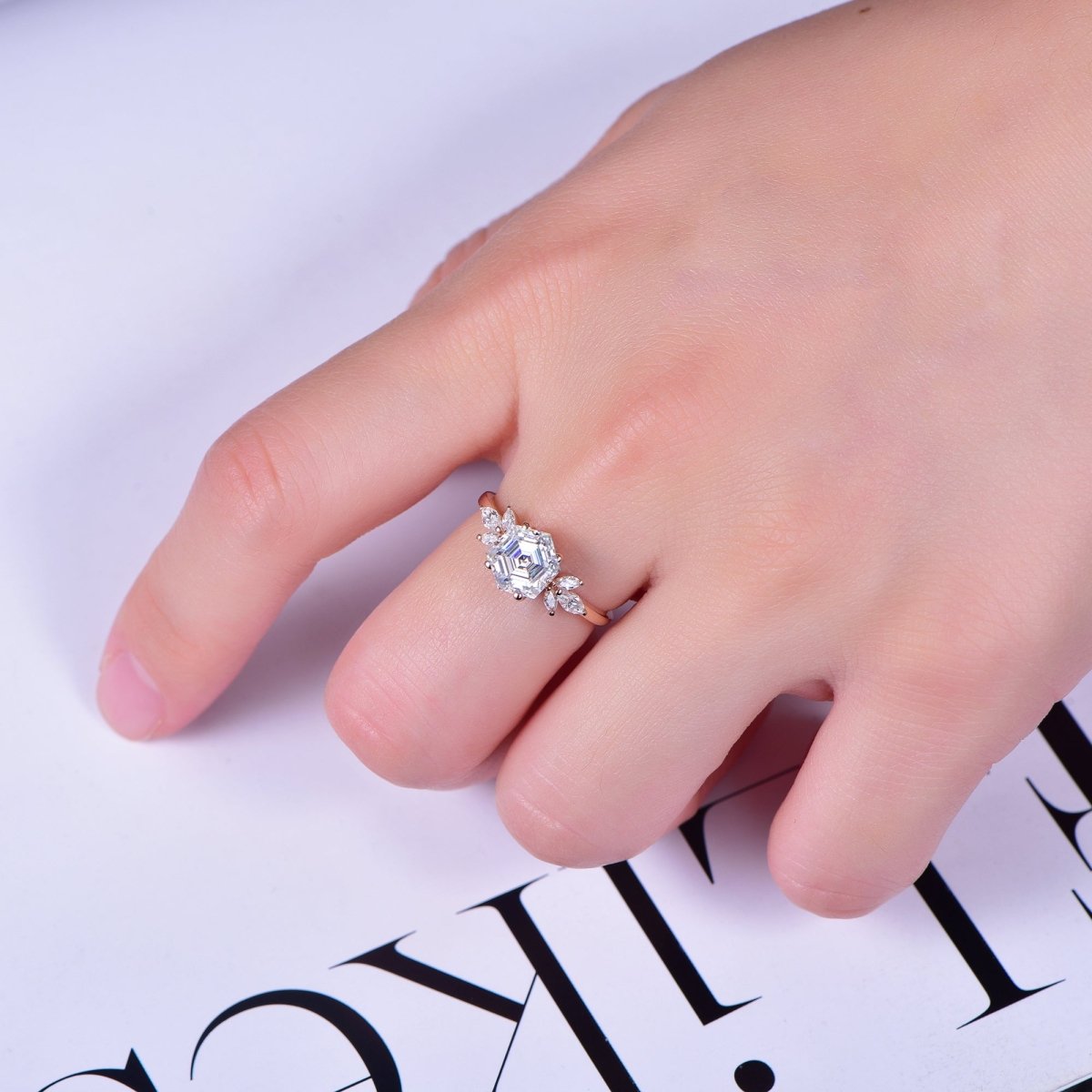 Hexagon Moissanite Leaf Ring 14K Gold - Lord of Gem Rings