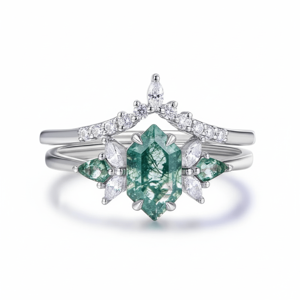 Hexagon Moss Agate & Leaf Accent Ring Set in 14k Rose Gold | Silver - Lord of Gem Rings