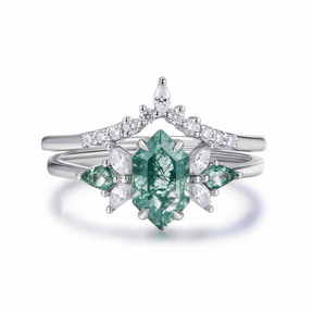 Hexagon Moss Agate & Leaf Accent Ring Set in 14k Rose Gold | Silver - Lord of Gem Rings