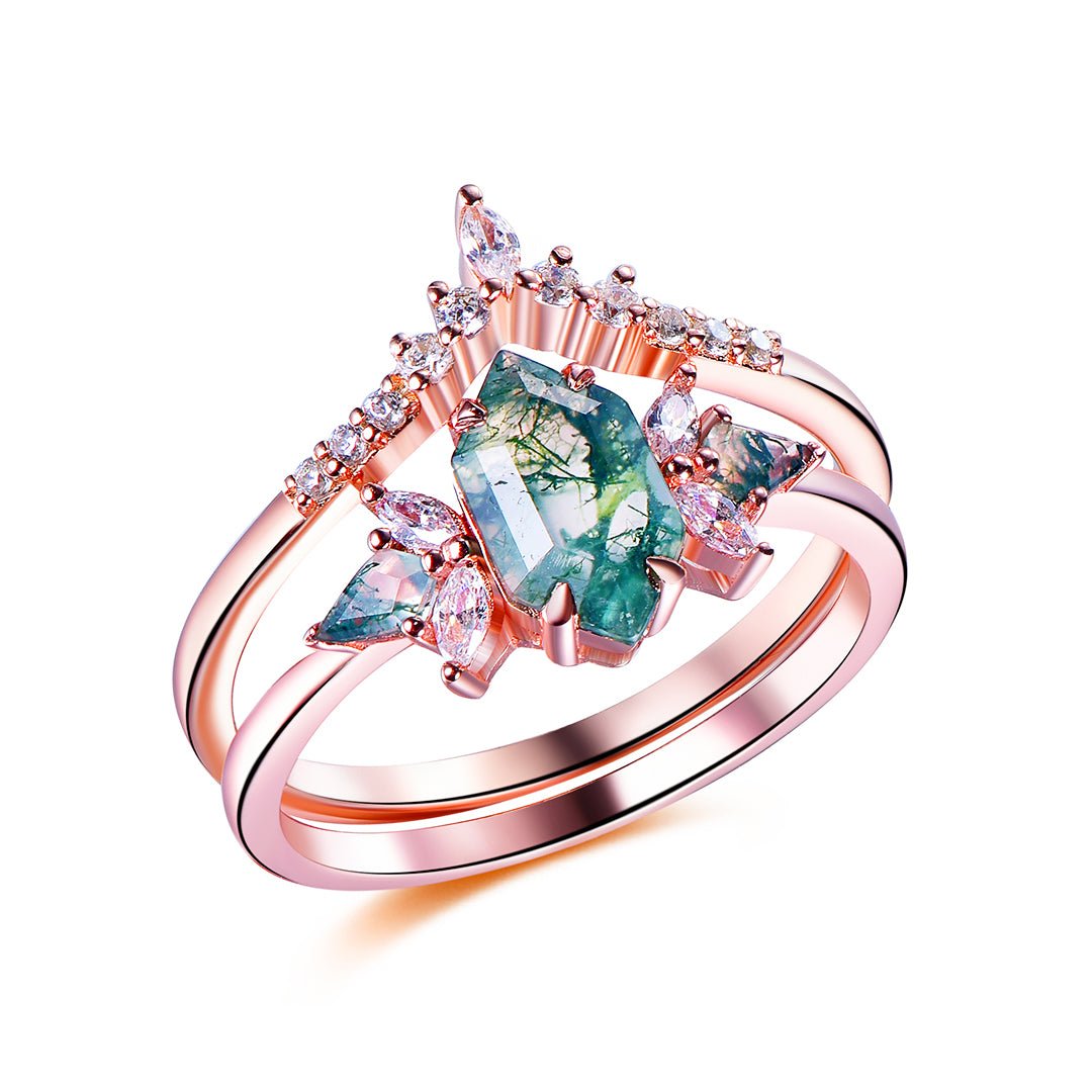 Hexagon Moss Agate & Leaf Accent Ring Set in 14k Rose Gold | Silver - Lord of Gem Rings