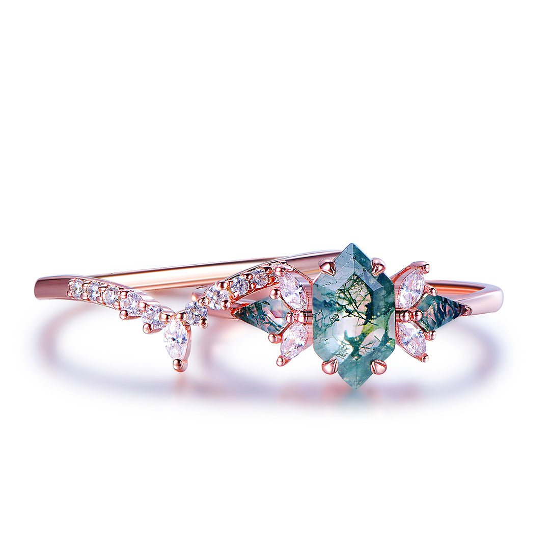 Hexagon Moss Agate & Leaf Accent Ring Set in 14k Rose Gold | Silver - Lord of Gem Rings