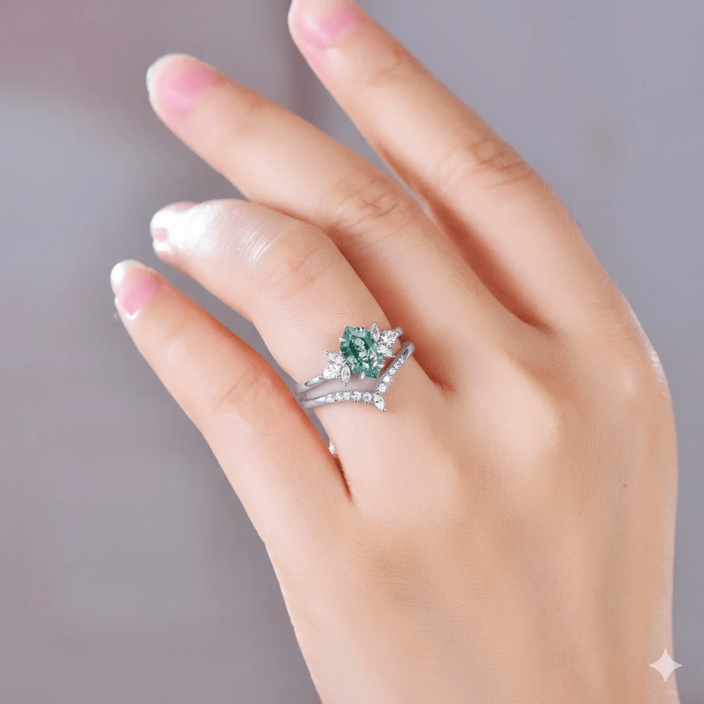 Hexagon Moss Agate & Leaf Accent Ring Set in 14k Rose Gold | Silver - Lord of Gem Rings