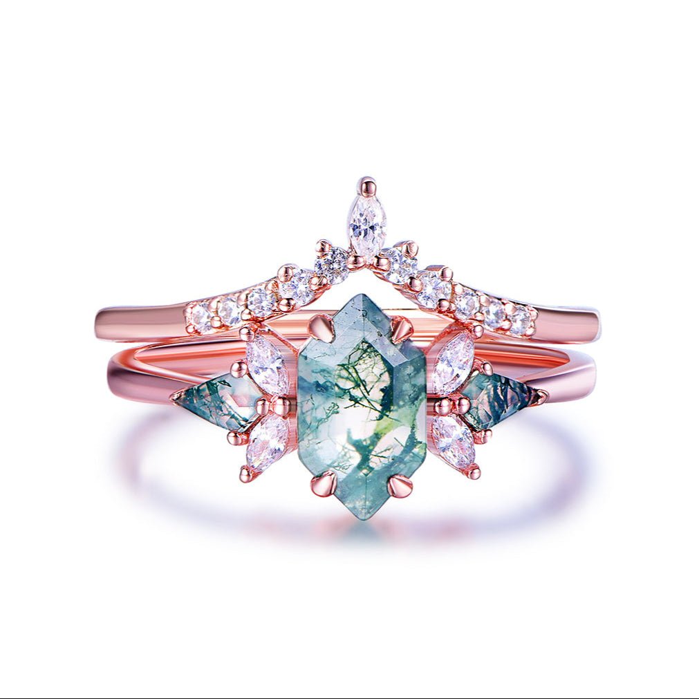 Hexagon Moss Agate & Leaf Accent Ring Set in 14k Rose Gold | Silver - Lord of Gem Rings