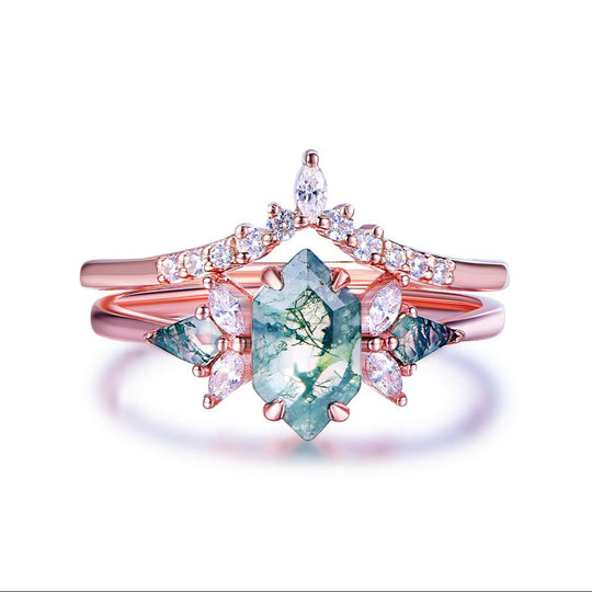 Hexagon Moss Agate & Leaf Accent Ring Set in 14k Rose Gold | Silver