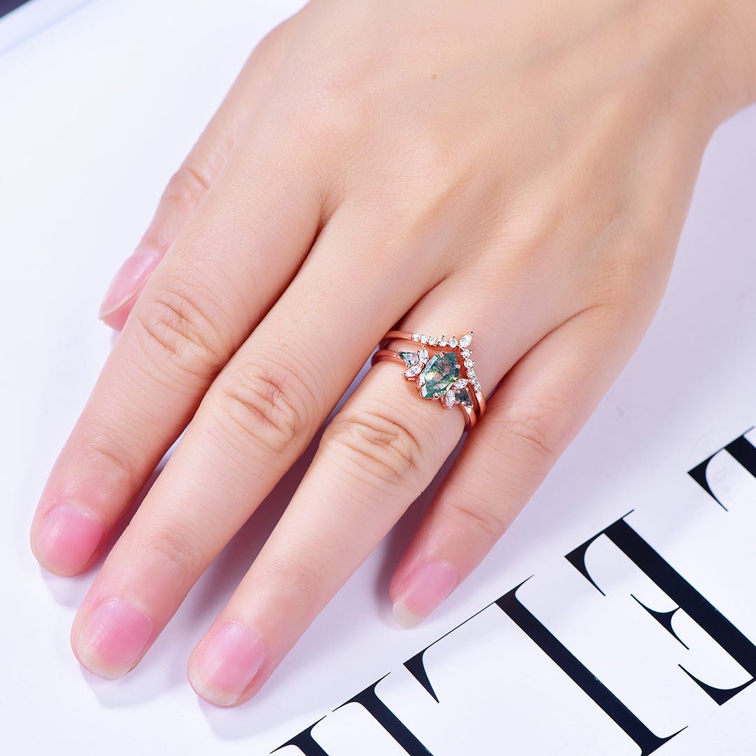 Hexagon Moss Agate & Leaf Accent Ring Set in 14k Rose Gold | Silver - Lord of Gem Rings