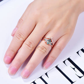 Hexagon Moss Agate & Leaf Accent Ring Set in 14k Rose Gold | Silver - Lord of Gem Rings