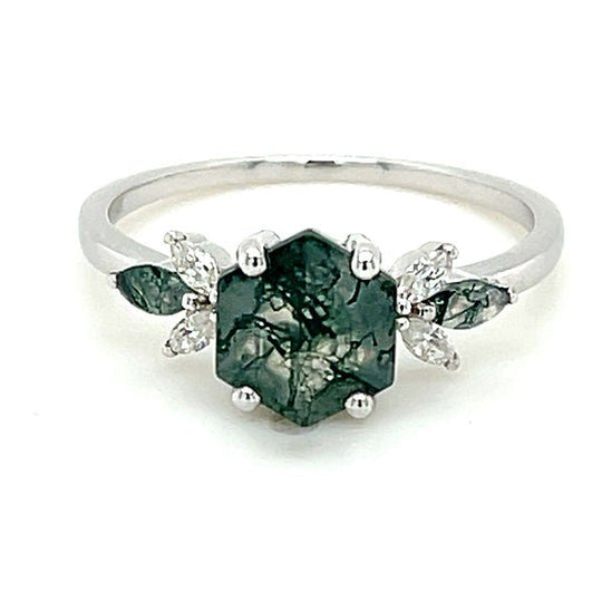 Hexagon Moss Agate Ring in Silver