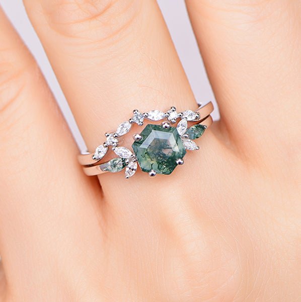 Hexagon Natural Moss Agate Marquise Moissanite Bridal Set 14K White Gold - Lord of Gem Rings