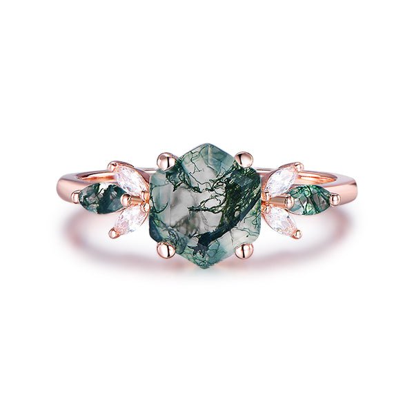 Hexagon Natural Moss Agate Marquise Moissanite Engagement Ring 14K Rose Gold - Lord of Gem Rings