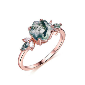 Hexagon Natural Moss Agate Marquise Moissanite Engagement Ring 14K Rose Gold - Lord of Gem Rings