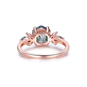 Hexagon Natural Moss Agate Marquise Moissanite Engagement Ring 14K Rose Gold - Lord of Gem Rings