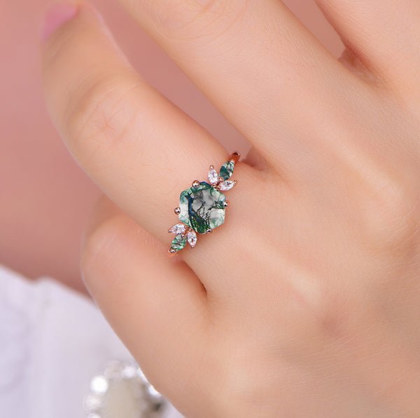 Hexagon Natural Moss Agate Marquise Moissanite Engagement Ring 14K Rose Gold - Lord of Gem Rings