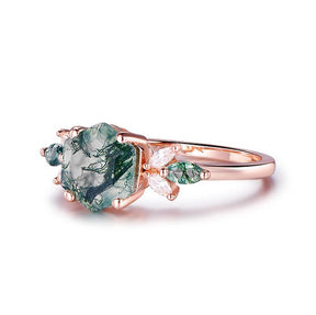 Hexagon Natural Moss Agate Marquise Moissanite Engagement Ring 14K Rose Gold - Lord of Gem Rings