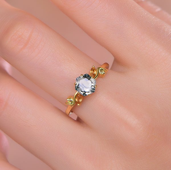 Hexagon Natural Moss Agate Peridot Citrine Engagement Ring 14K Yellow Gold - Lord of Gem Rings