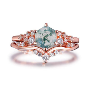 Hexagon Natural Moss Agate Round Moissanite Bridal Set 14K Rose Gold - Lord of Gem Rings