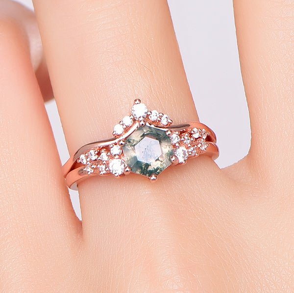 Hexagon Natural Moss Agate Round Moissanite Bridal Set 14K Rose Gold - Lord of Gem Rings