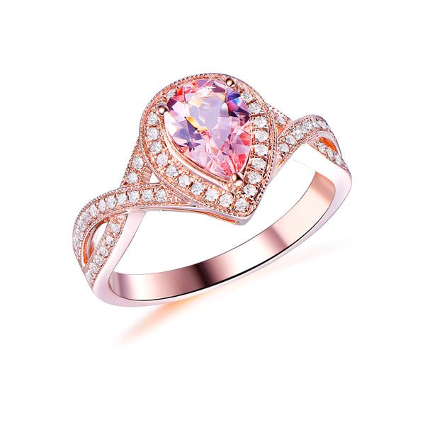 Infinity Pear Morganite Diamond Halo Engagement Ring Milgrain 14K Gold - Lord of Gem Rings