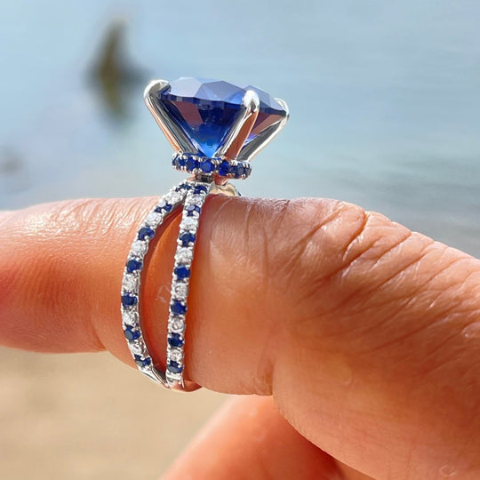 Jennifer Ring - Round Lab Blue Sapphire Ring Hidden Halo 14k White Gold 12-13mm