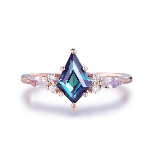 Kite Alexandrite Moonstone Moissanite Ring 14K Rose Gold