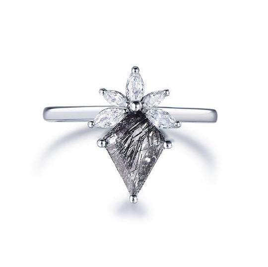 Kite Black Rutilated Quartz Marquise Moissanite Ring 14K White Gold