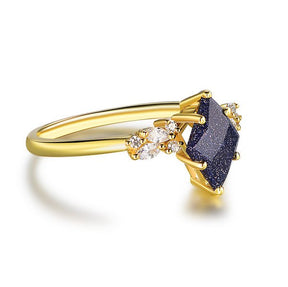 Kite Blue Sandstone Marquise Moissanite Vintage Ring 14K Yellow Gold - Lord of Gem Rings