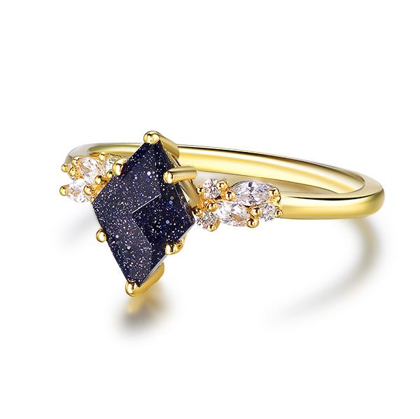 Kite Blue Sandstone Marquise Moissanite Vintage Ring 14K Yellow Gold - Lord of Gem Rings