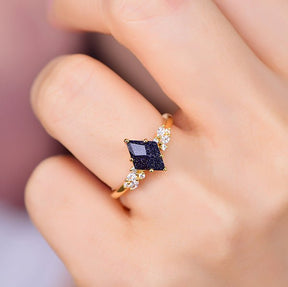 Kite Blue Sandstone Marquise Moissanite Vintage Ring 14K Yellow Gold - Lord of Gem Rings