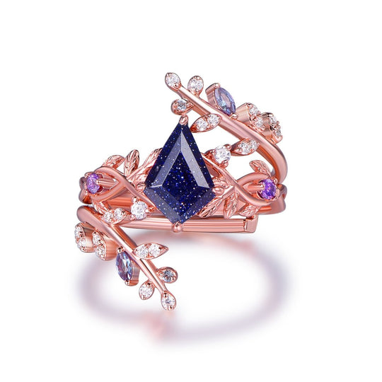 Kite Blue Sandstone Moissanite Amethyst Alexdrite Vine Ring Bridal Set 14K Gold
