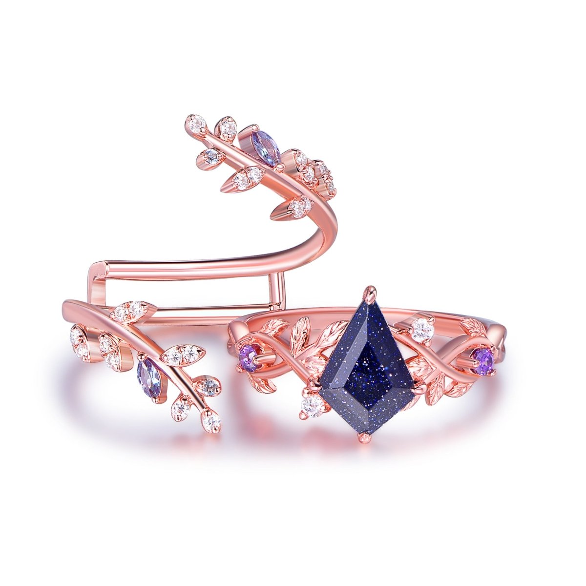Kite Blue Sandstone Moissanite Amethyst Alexdrite Vine Ring Bridal Set 14K Gold - Lord of Gem Rings