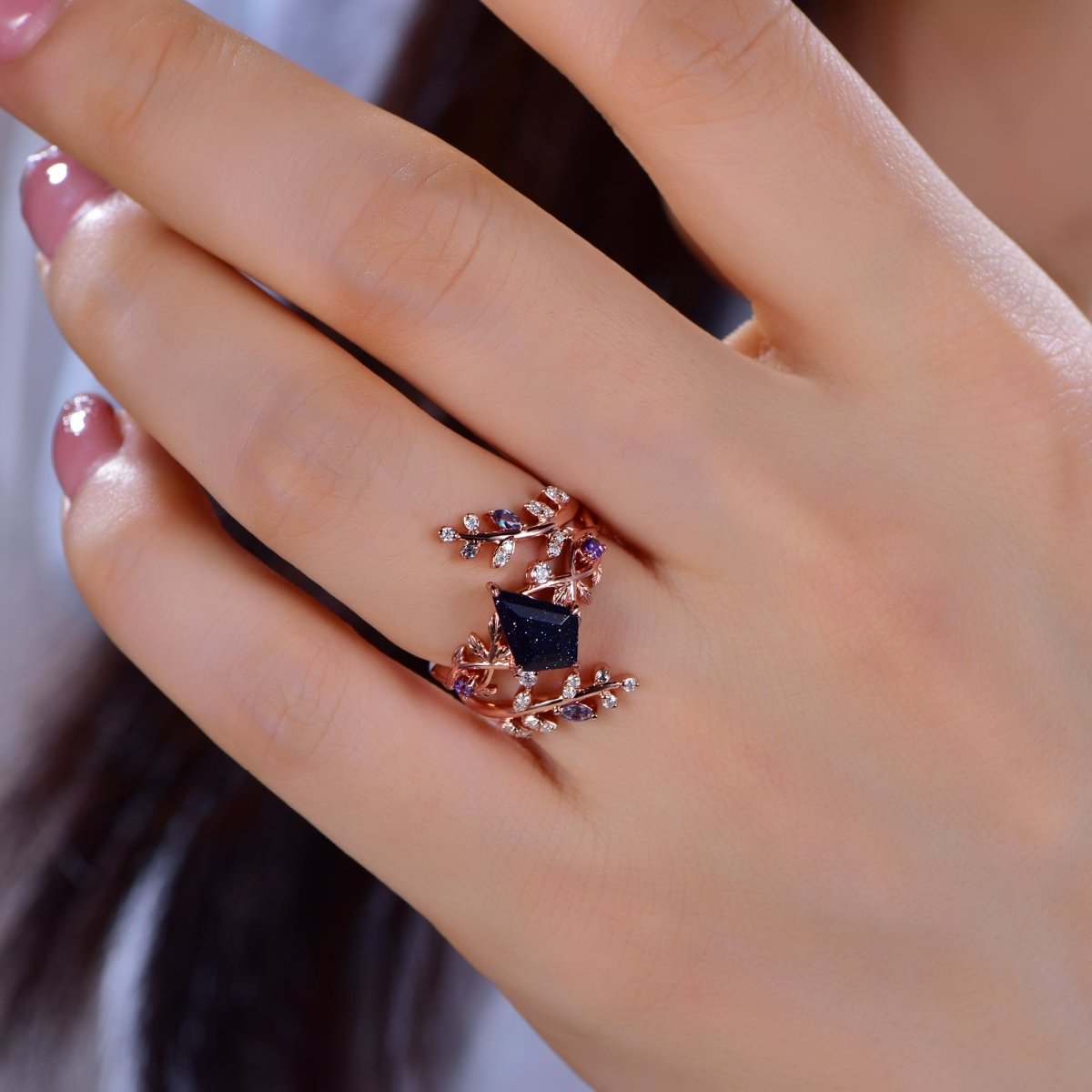 Kite Blue Sandstone Moissanite Amethyst Alexdrite Vine Ring Bridal Set 14K Gold - Lord of Gem Rings