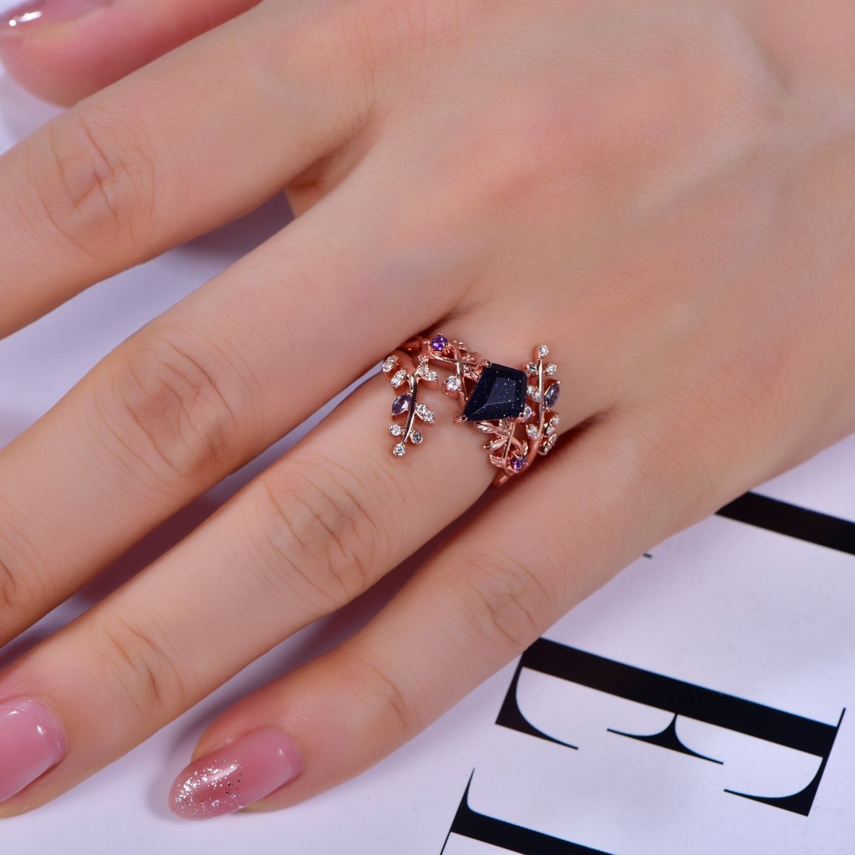 Kite Blue Sandstone Moissanite Amethyst Alexdrite Vine Ring Bridal Set 14K Gold - Lord of Gem Rings