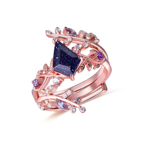 Kite Blue Sandstone Moissanite Amethyst Alexdrite Vine Ring Bridal Set 14K Gold - Lord of Gem Rings