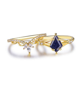 Kite Cut Blue Sandstone Marquise Moissanite Leaf Bridal Set,14K Gold/Silver - Lord of Gem Rings