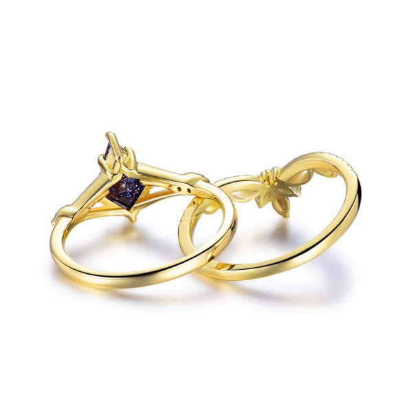 Kite Cut Blue Sandstone Marquise Moissanite Leaf Bridal Set,14K Gold/Silver - Lord of Gem Rings