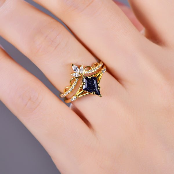 Kite Cut Blue Sandstone Marquise Moissanite Leaf Bridal Set,14K Gold/Silver - Lord of Gem Rings