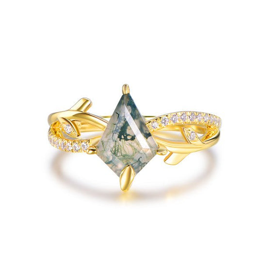 Kite Natural Moss Agate Diamond Branch Engagement Ring in 14K Yellow Gold