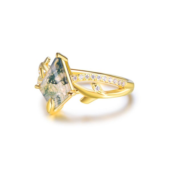 Kite Natural Moss Agate Diamond Branch Engagement Ring in 14K Yellow Gold - Lord of Gem Rings