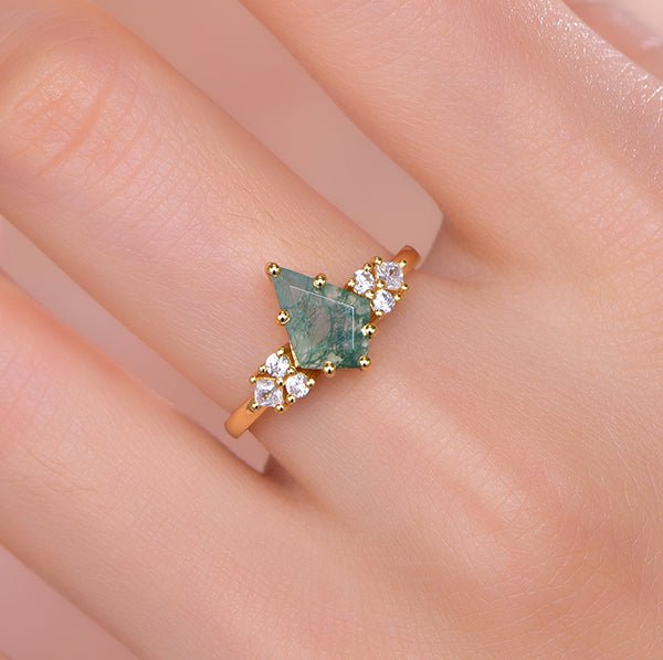 Kite Natural Moss Agate Engagement Ring 14K Yellow Gold - Lord of Gem Rings