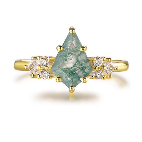 Kite Natural Moss Agate Engagement Ring 14K Yellow Gold