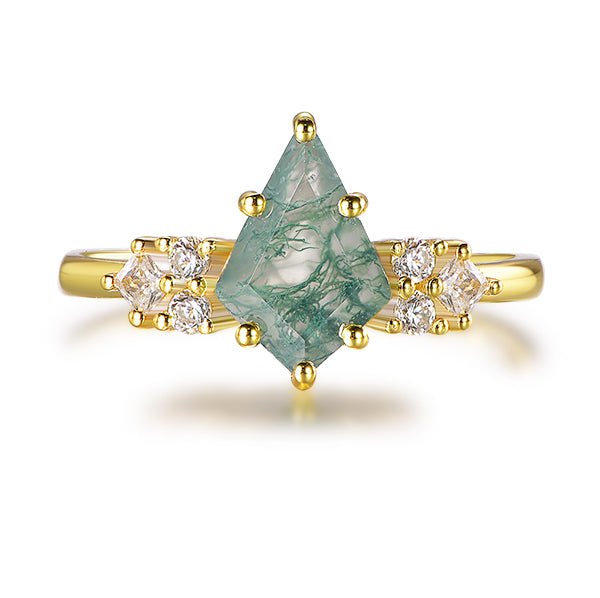 Kite Natural Moss Agate Engagement Ring 14K Yellow Gold - Lord of Gem Rings