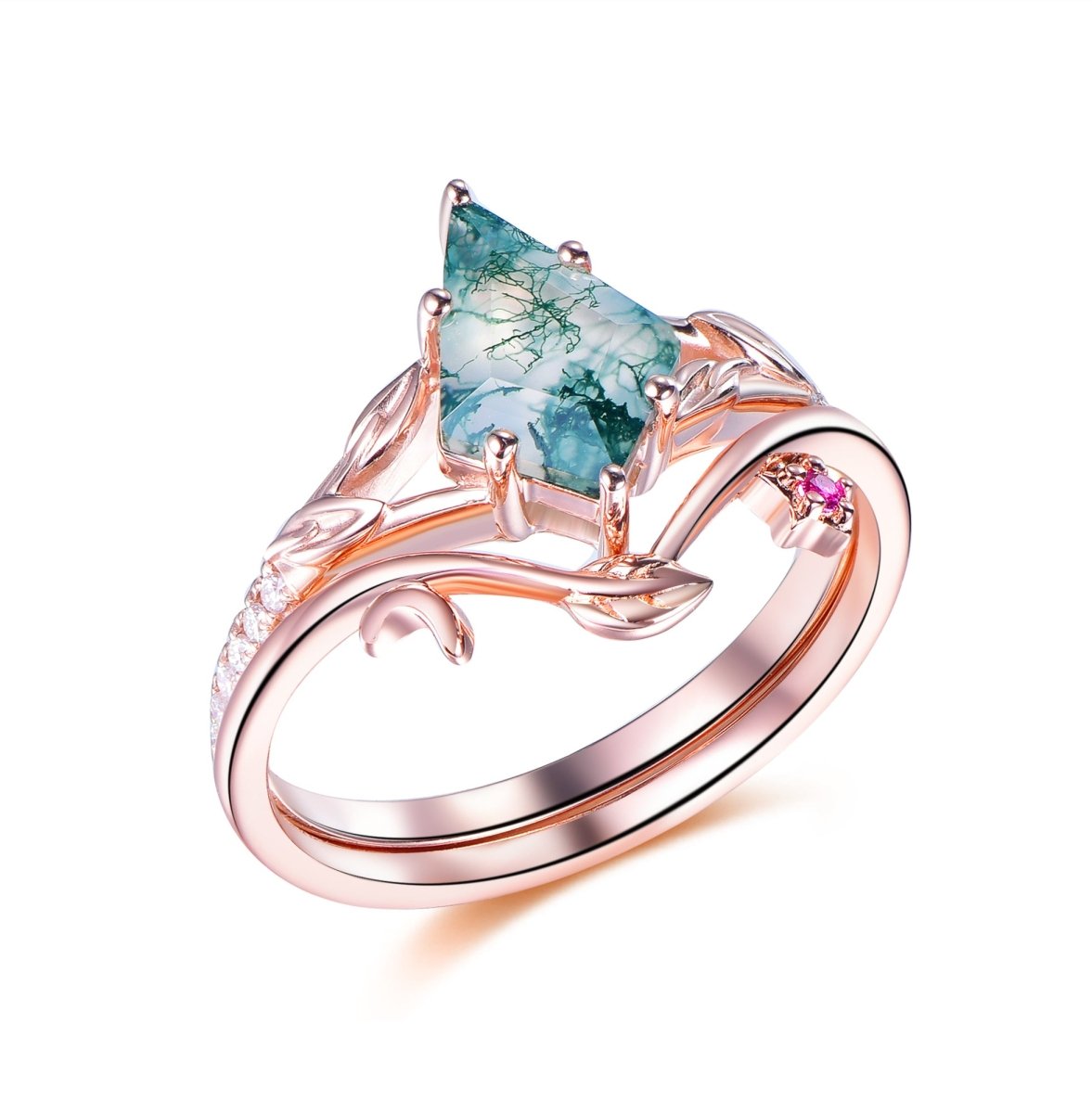 Kite Natural Moss Agate with Diamond and Ruby Bridal Set | LOGR